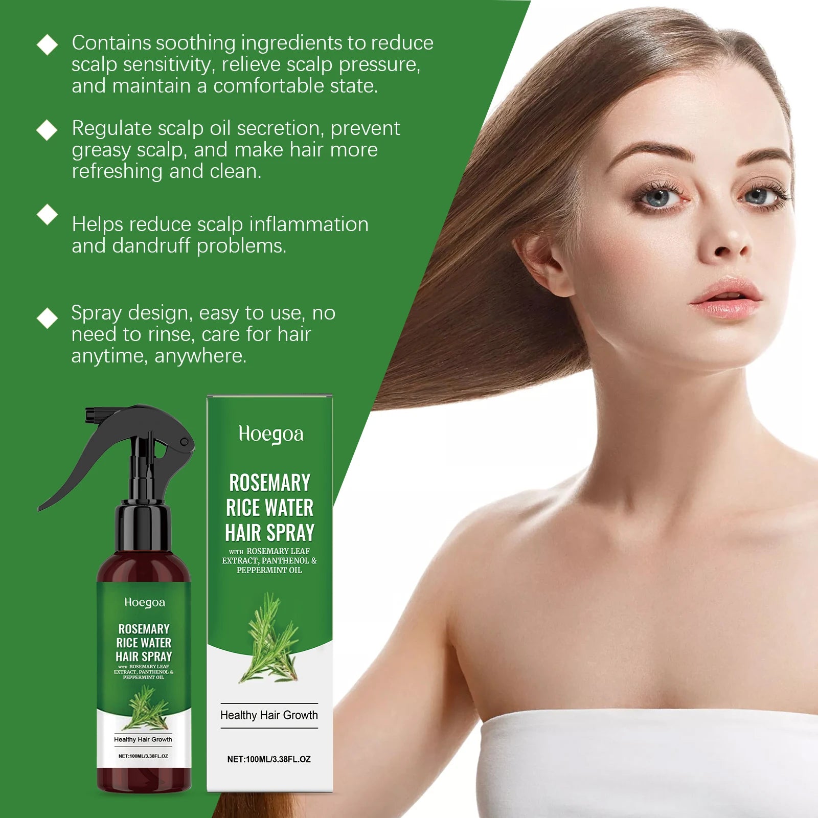 Rosemary and Rice Water Hair Growth Spray Man Strengthening Hair Root Peppermint Oil Serum for Hair Loss Treatment Hair Regrowth